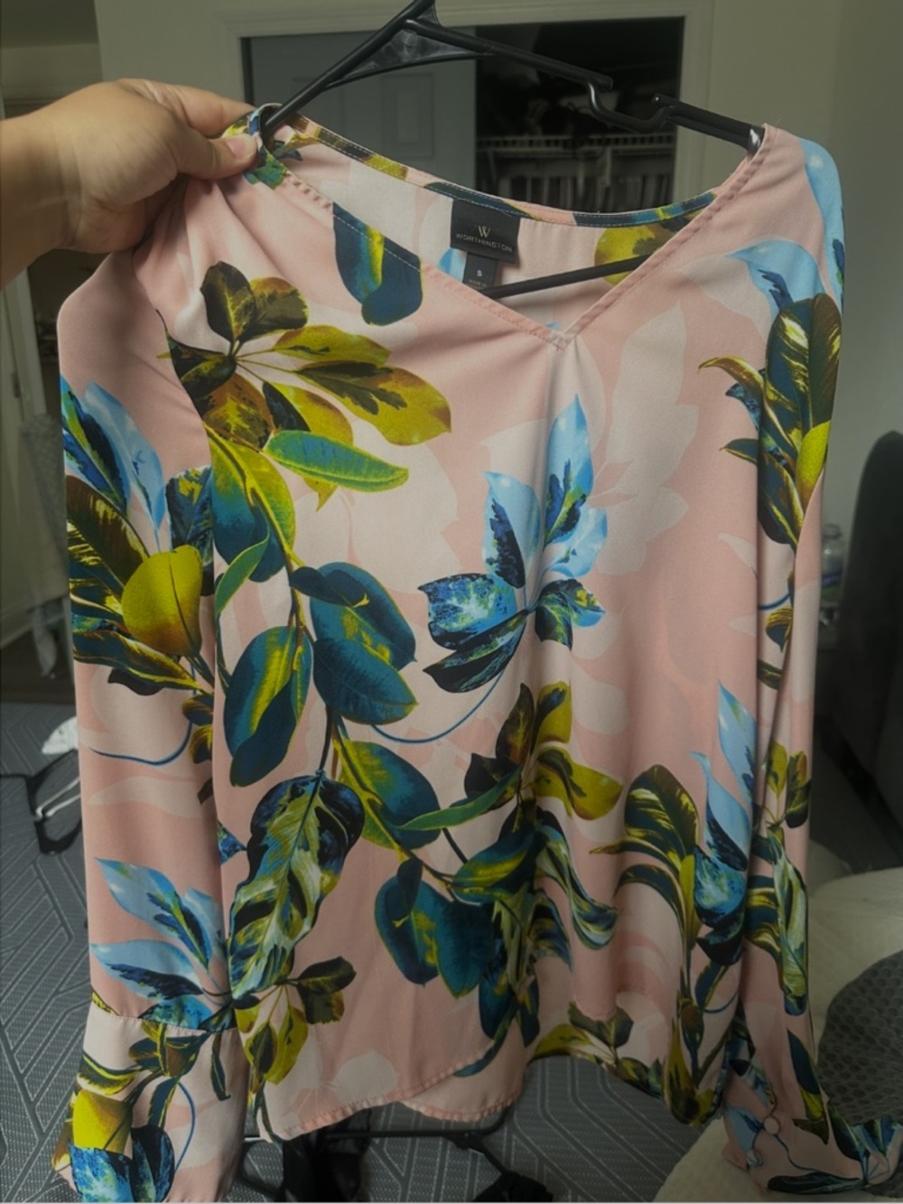 Floral V-Neck Blouse in Pink and Blue worthington